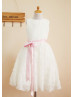 Ivory Satin Rosette Pink Sash Knee Length Flower Girl Dress